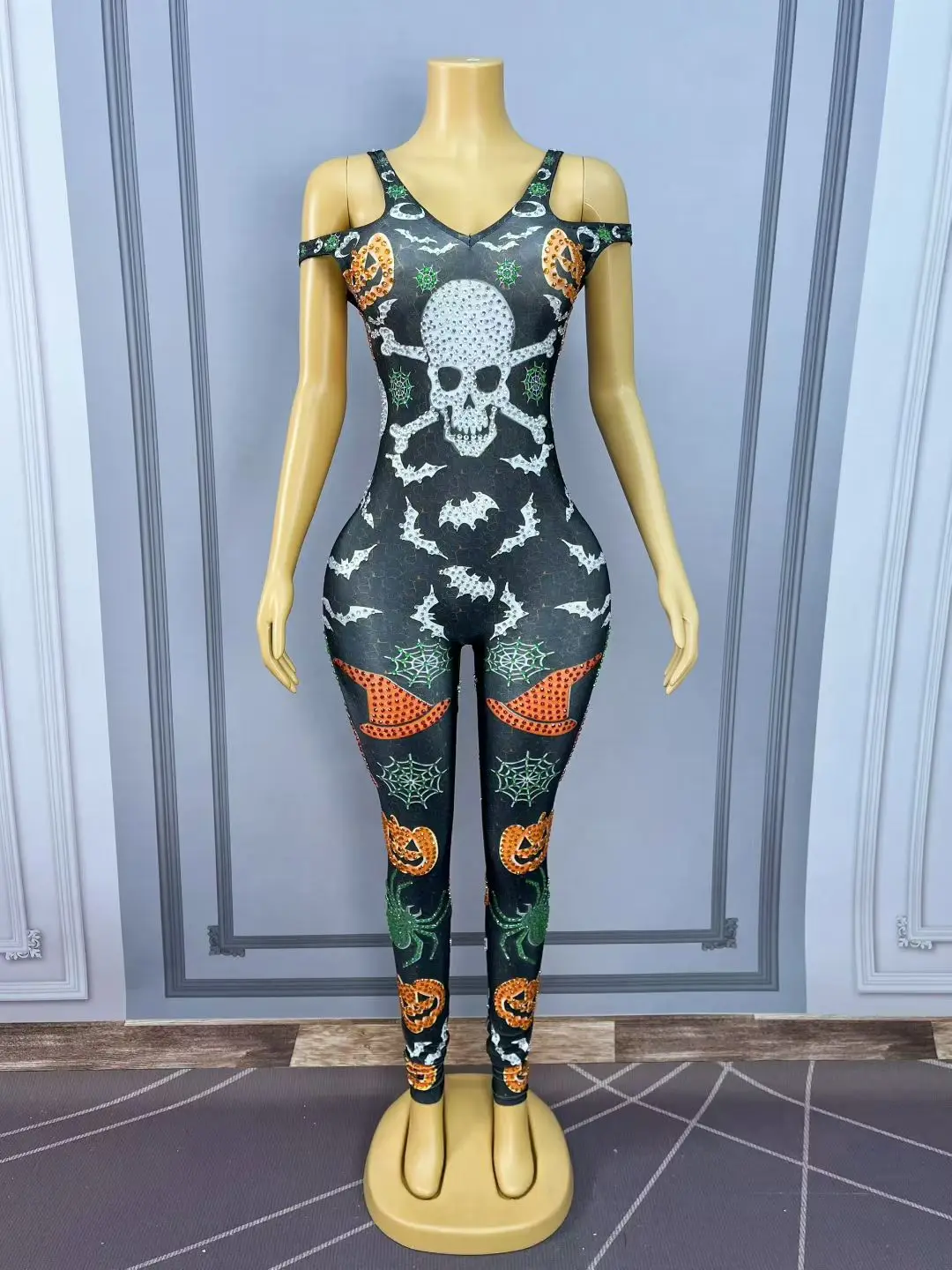 Halloween Scheletro Zucca Strass Tute Donne Costumi Cosplay Giochi di ruolo Spettacolo Tute aderenti Club Party Pagliaccetti