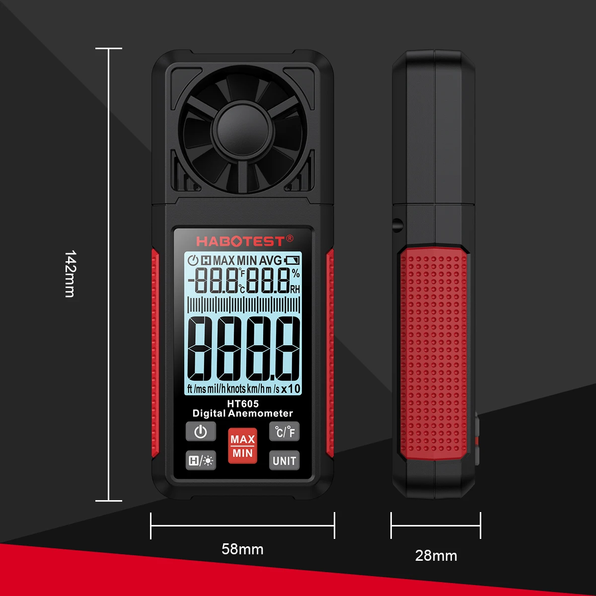 HABOTEST HT605 Digital Anemometer Portable Wind Speed Meter Windmeter LCD Backlight Display Temperature Humidity Meter