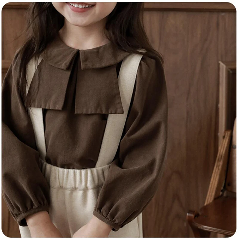 

Korean Japan Baby Blouse Pure Nature Color Girls Doll Collar Shirt Long Sleeve Kids Spring Fall Tops Cotton Cozy Toddler Clothes