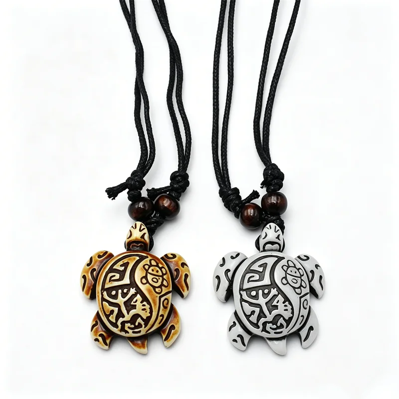 Tribal Turtle Pendant Necklace - Resin Hawaiian Sea Turtle, 2 Colors Adjustable Black Cord Surfer Boho Jewelry