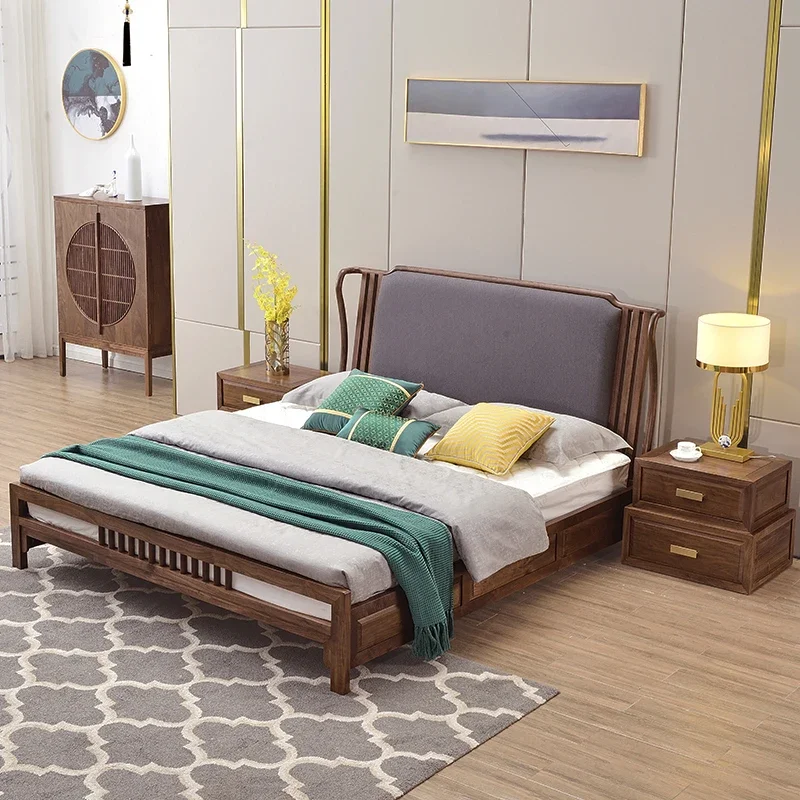 New Chinese black walnut zen frame structure solid wood storage bed