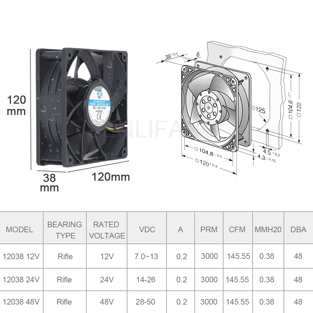 Genuine New 12cm 12038 DC12V DC24V DC48V IP68 Waterproof Fan Industrial Ultrasonic Humidifier Refrigeration Dual Bearing Fan