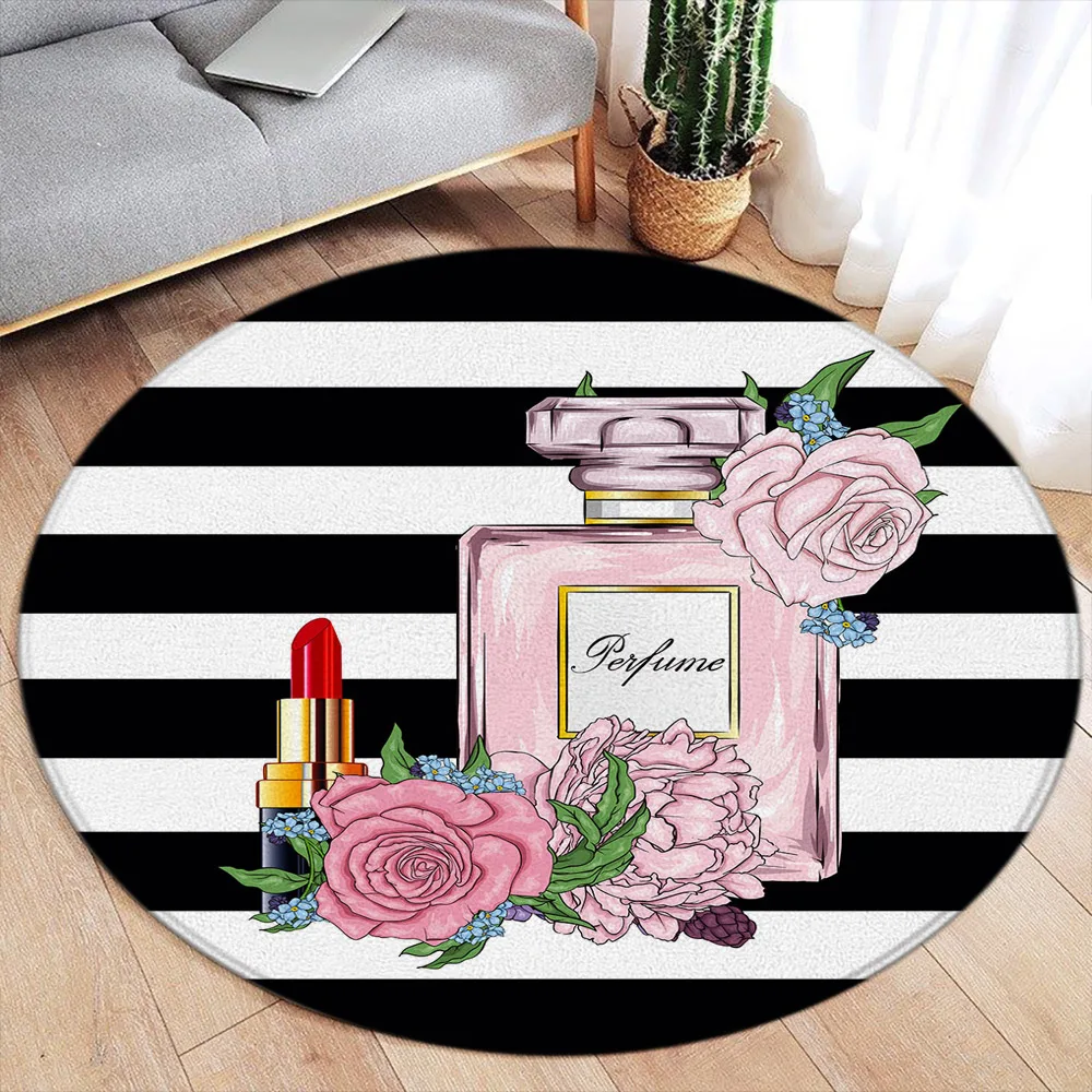 Vintage Paris-Inspired Perfume Bottle & Flower Round Rug – Washable Home Decor Mat for Living Room Bedroom