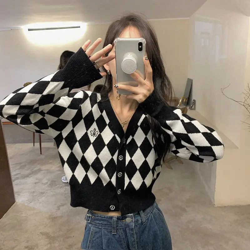 Korean Style Spring Autumn Black White Checkerboard Patterns Knit Cardigans Outerwear Women\'s Sweater Preppy Style Students Coat