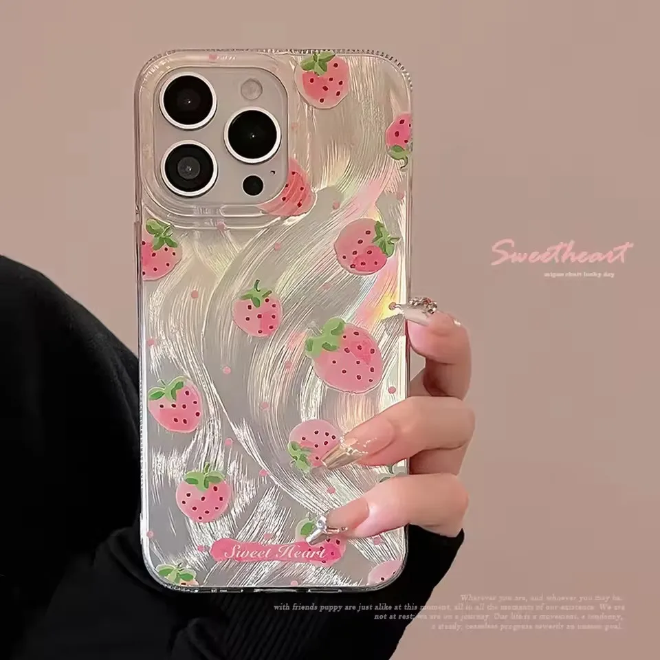Luxury Laser Silver Cheery Phone Case For iPhone 16 Cases iPhone 13 14 11 12 15 16 Pro Max XR X XS 7 8 Plus SE2 Shockproof Cover
