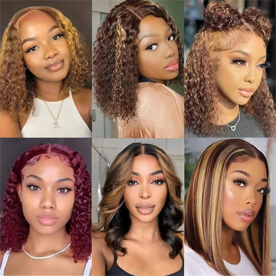 4/27 Ombre Highlight kurze Bob Perücke 7x5 13x4 leimlose Perücke menschliches Haar vor gezupft mit Babyhaar lockiges honig blondes Bob menschliches Haar