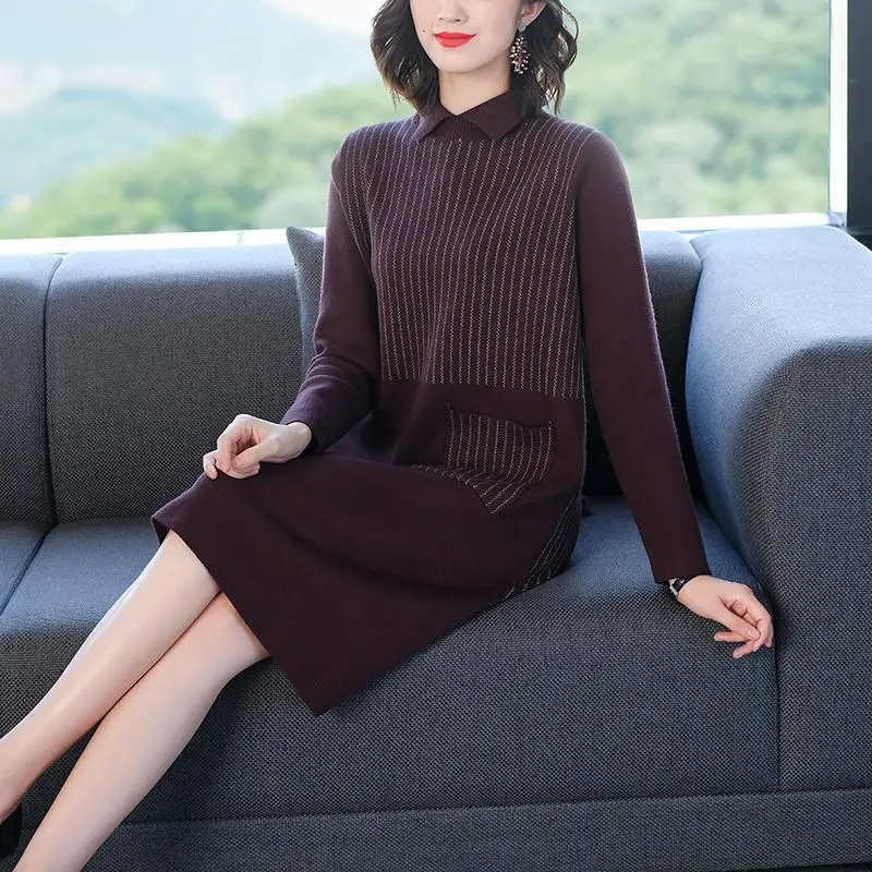 Robe d'automne à col tournant pour femme, pull en tricot, ample, droit, longueur au genou, avec poches, nouvelle collection 2022