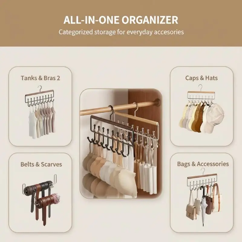 Wooden Hat Organizer Rack 1Pcs with Hooks Storage for Caps Belts Ties Suitable for Men Women Home Bedroom Closet Use