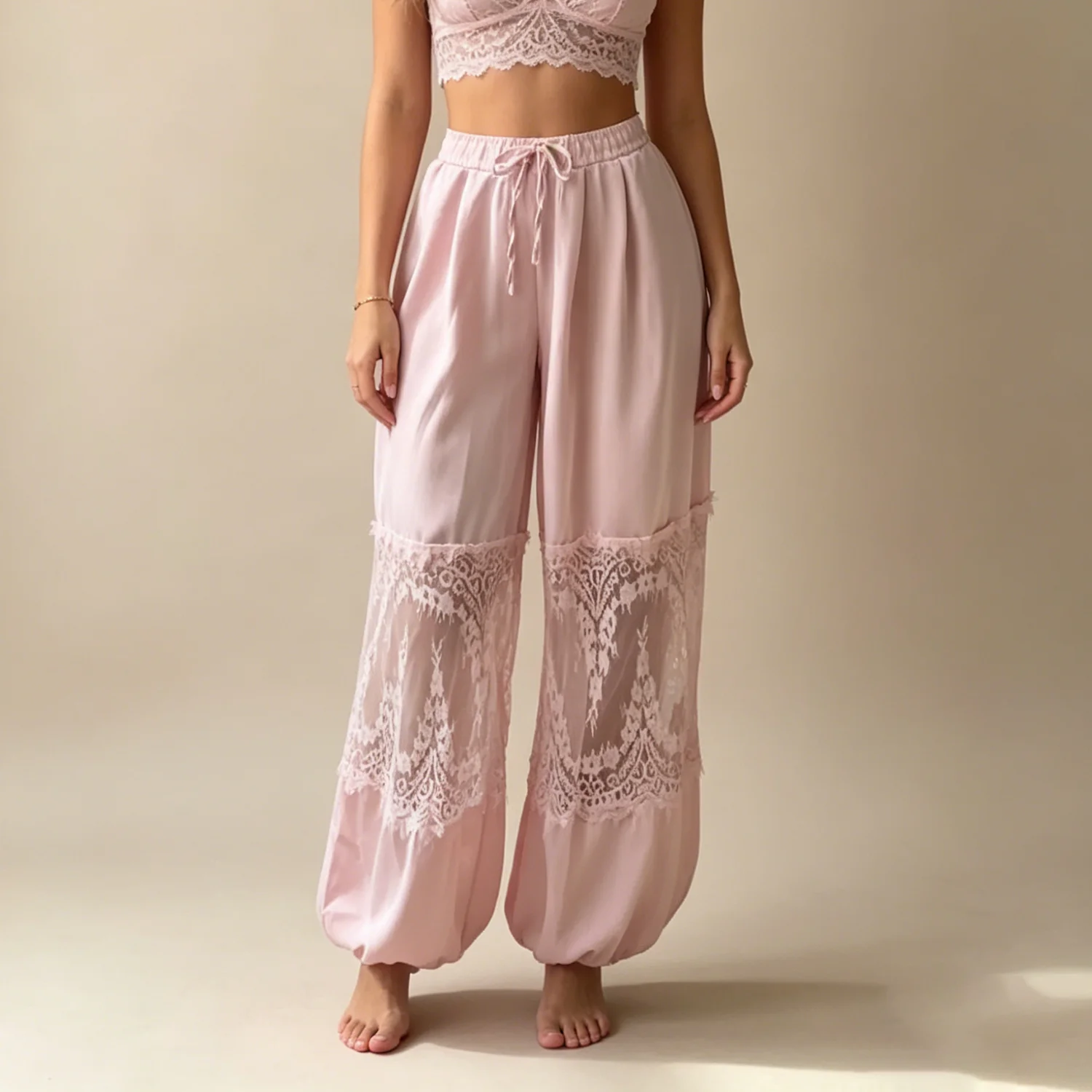

LIMO Women's Lace Patchwork Lantern Pants Pink High Waist Drawstring Loose Trousers