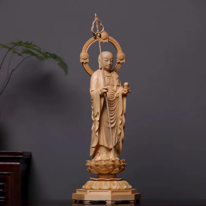 Wooden Ksitigarbha Bodhisattva Statue, Home Temple Buddhist Figurine, Hand Carved Religious Art Decor, Auspicious Gift