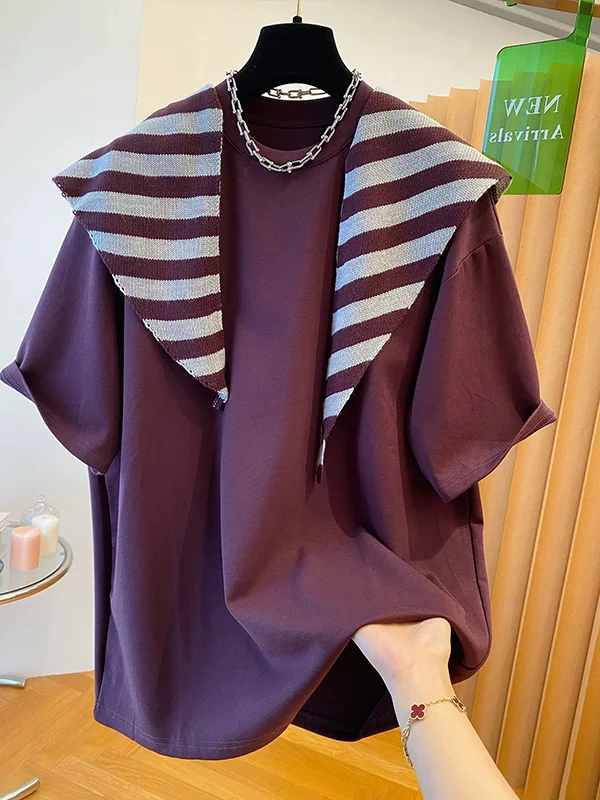 Extra Large 240 Pounds European Style Striped Shoulder Wrap German Velvet Short Sleeve T-Shirt Women's Spring Summer Loose Ve...