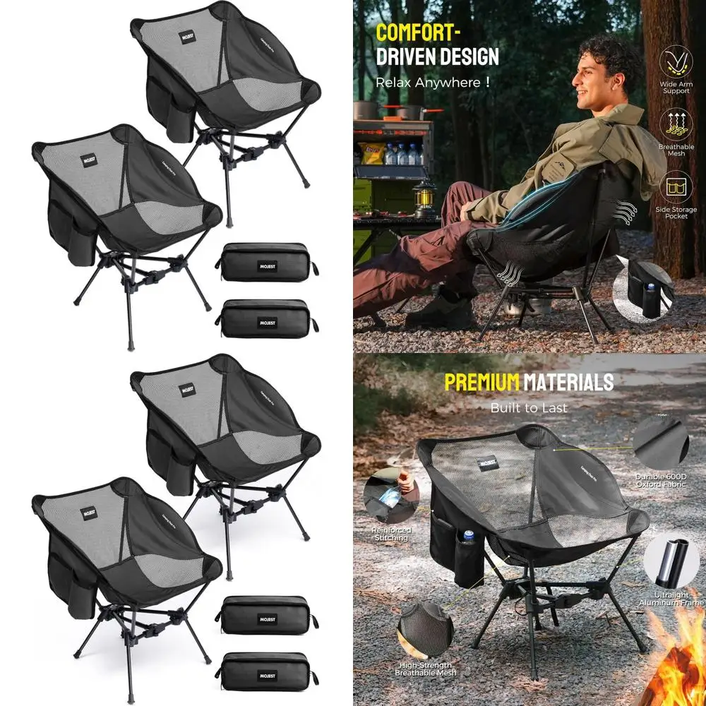 

Компактный и легкий портативный складной стул для взрослых, вместимость 330 фунтов, идеально подходит для приключений на свежем воздухе (2 шт., черный)