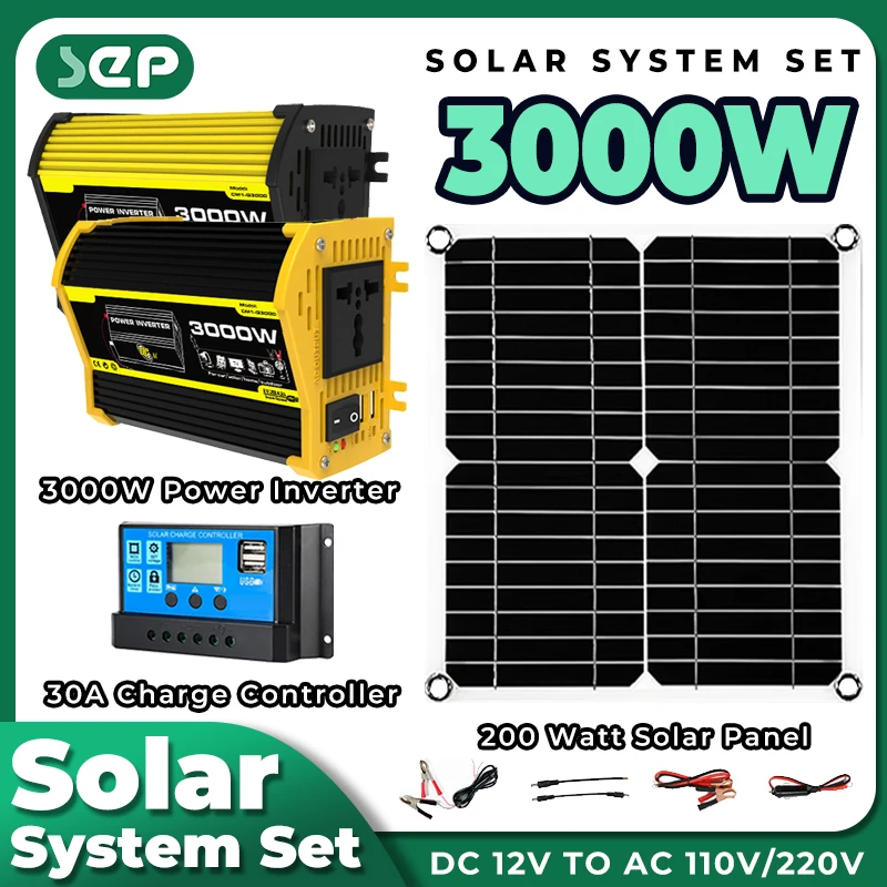 

New 200W 5V Solar Panel 3000W Inverter USB Solar Kit with 30A Controller off grid solar system kit complete fotovoltaic system