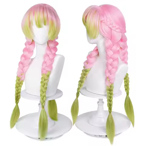 Beauty Anime Pink and Green Wig Kanroji Mitsuri Cosplay Braided Hair with Pigtails for Women Halloween Carnival Comic-Con Party