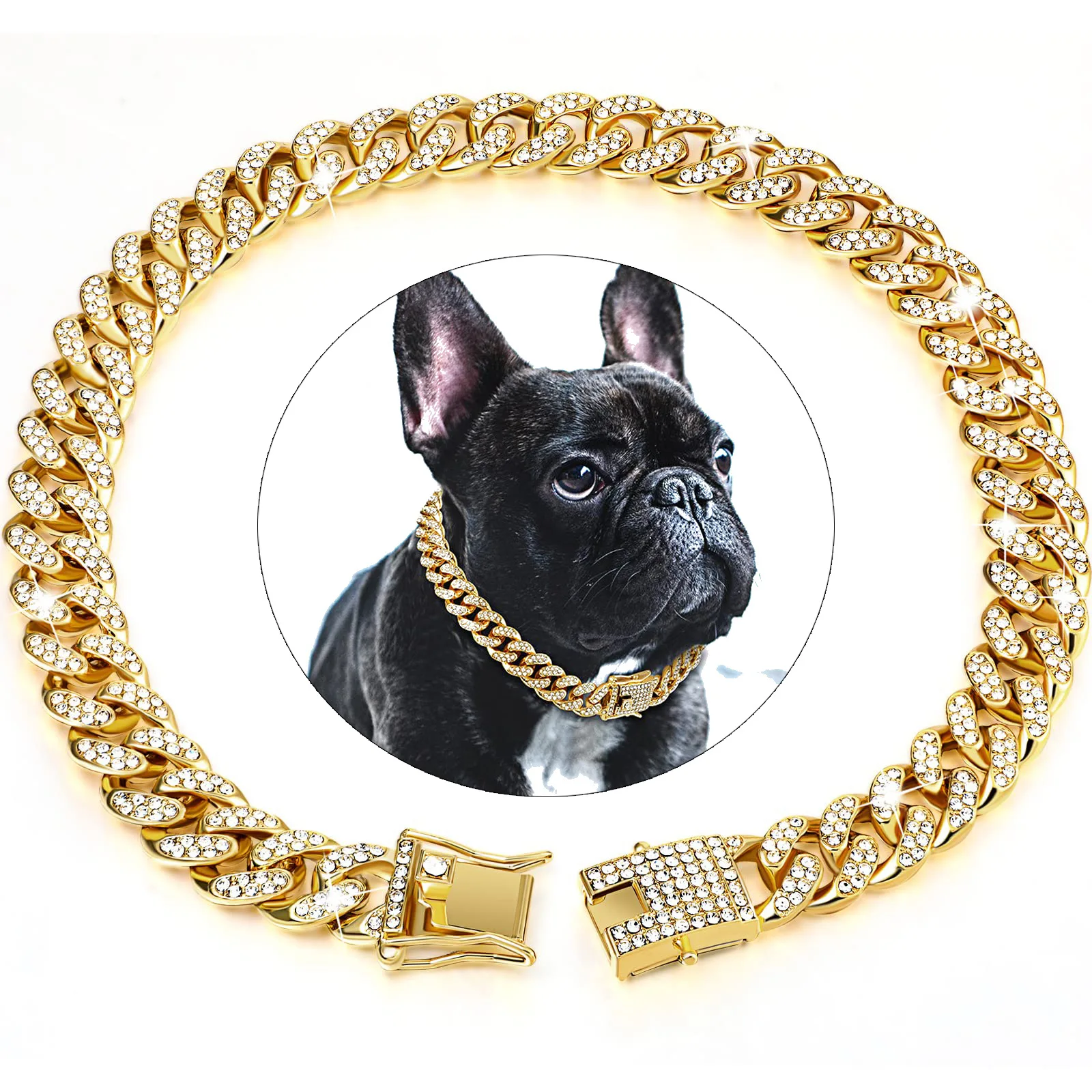 

Pet Dog Collar Cat Cuban Chain Diamond Walking Metal Chain Collar with Design Secure Buckle Jewelry Accessories Cuban Collar