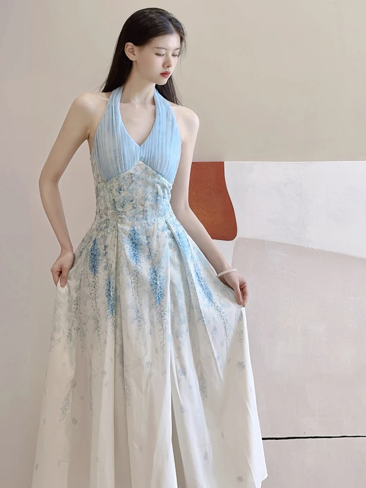 Jmprs 꽃 섹시한 홀터 비치 드레스 여성 우아한 슬림 달콤한 민소매 빈티지 롱 드레스 캐주얼 레트로 메쉬 패치 워크 베스 티드