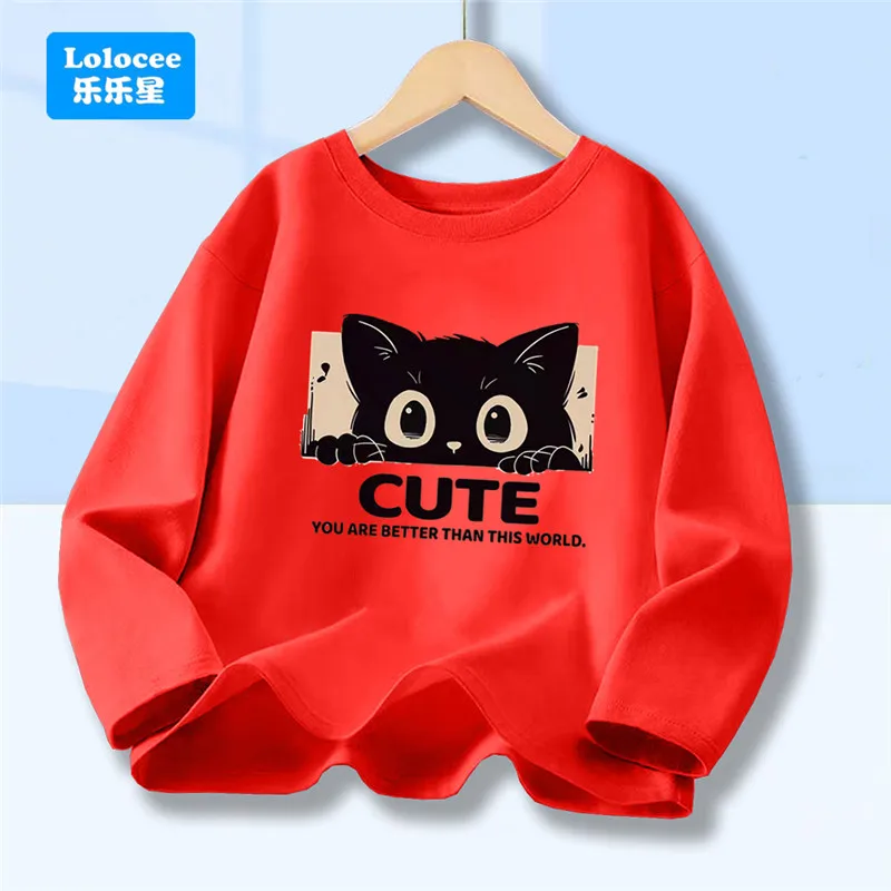 Kids Spring Autumn Long Sleeved Black Cat Design Shirt Funny T Shirt Boys' Casual T-Shirt Crew Neck Top Tee MKA1
