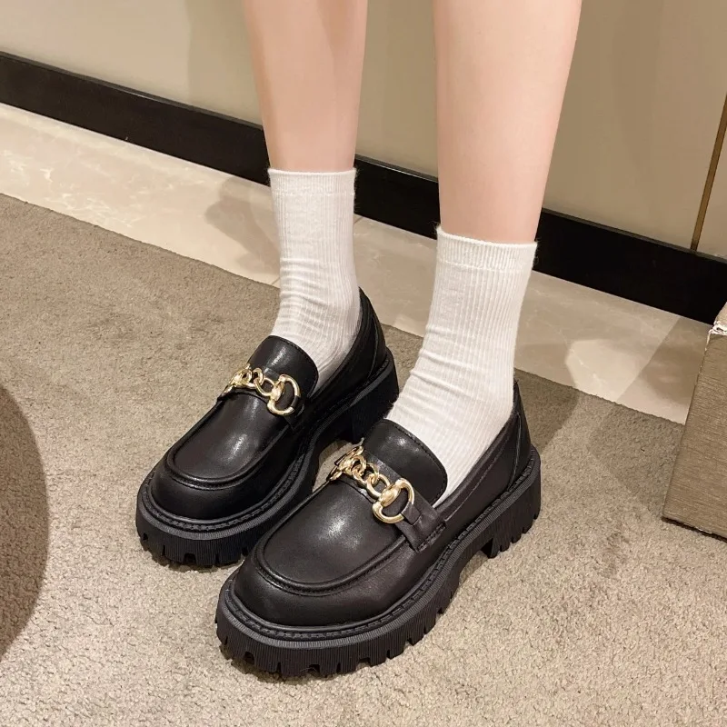 2024 Female Shoes Women Fashion  Round Toe Flats Loafers Oxfords Platform Casual Metal Chain Buckle Ladies Heels Black