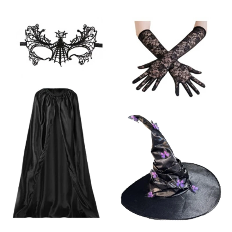 Halloween Witch Cosplay Costume for Girl Cosplay Party Masquerade, Including Witch Cloak Witch Hat Eyemask and Gloves