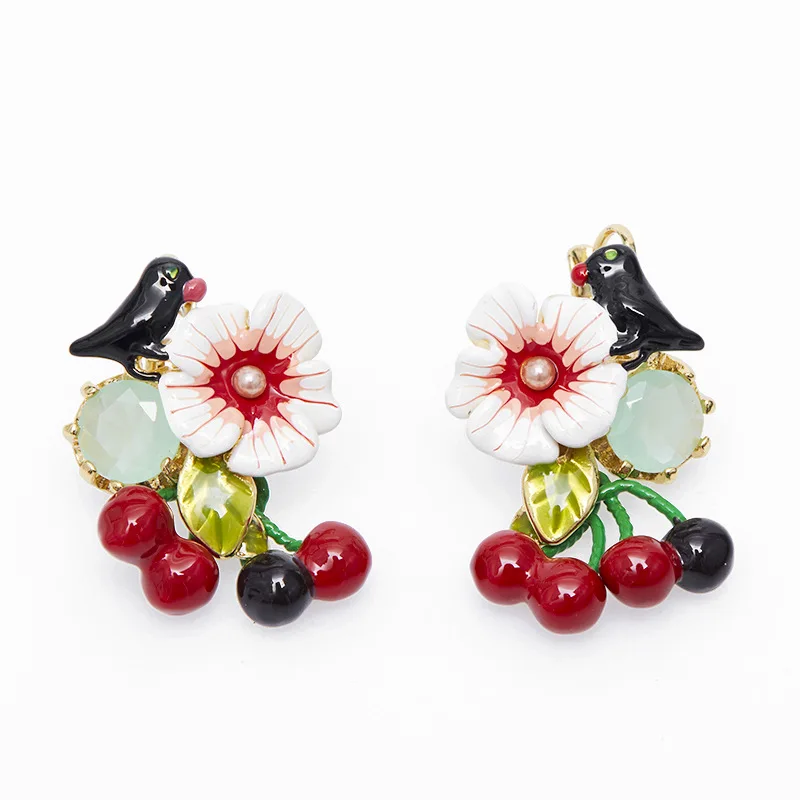 

Fashion Enamel Glazed Small Black Bird Cherry White Flower Green Glass Earrings Cute Swallow Fresh Fruit Ear Hanging Christmas