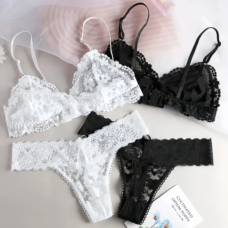 Women Lace Bra And Panties Set Wireless Bralette Low Waist Thongs Sexy Lingerie Set Female Transparent Underwear Set