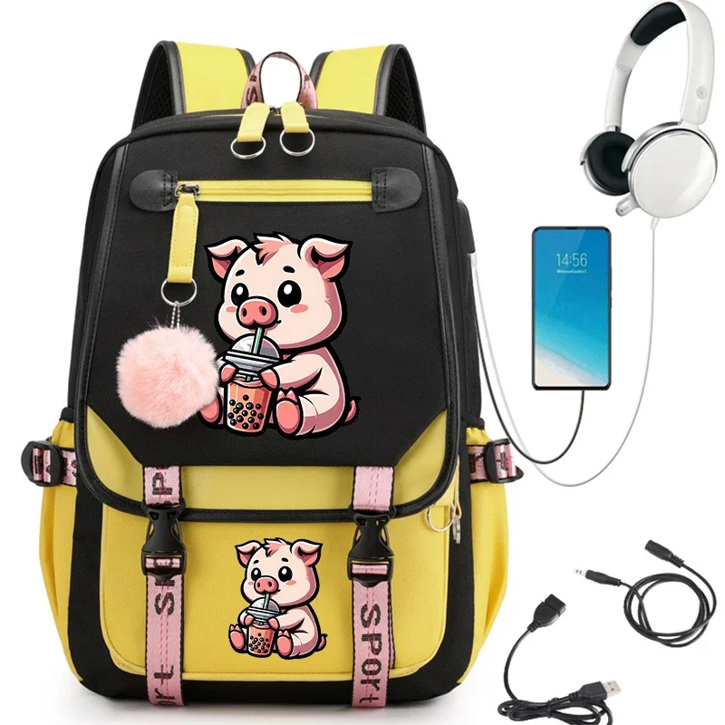 Mochila escolar para niña, mochila primaria para niño y adolescente, Mini cerdo, mascota, té de burbujas, Kawaii, bonita mochila escolar, Daypack