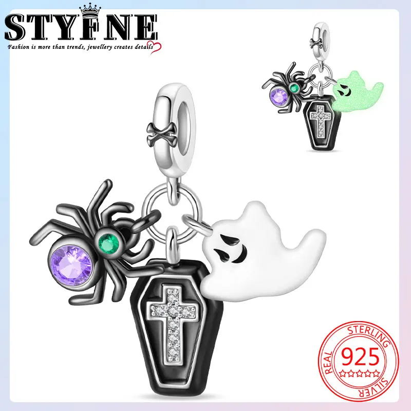 Symbols Halloween Beads 925 sterling silver Black Skull Ghost Glow Crossbones Purple Spider Charms Women's Jewelry DIY Bag Charm