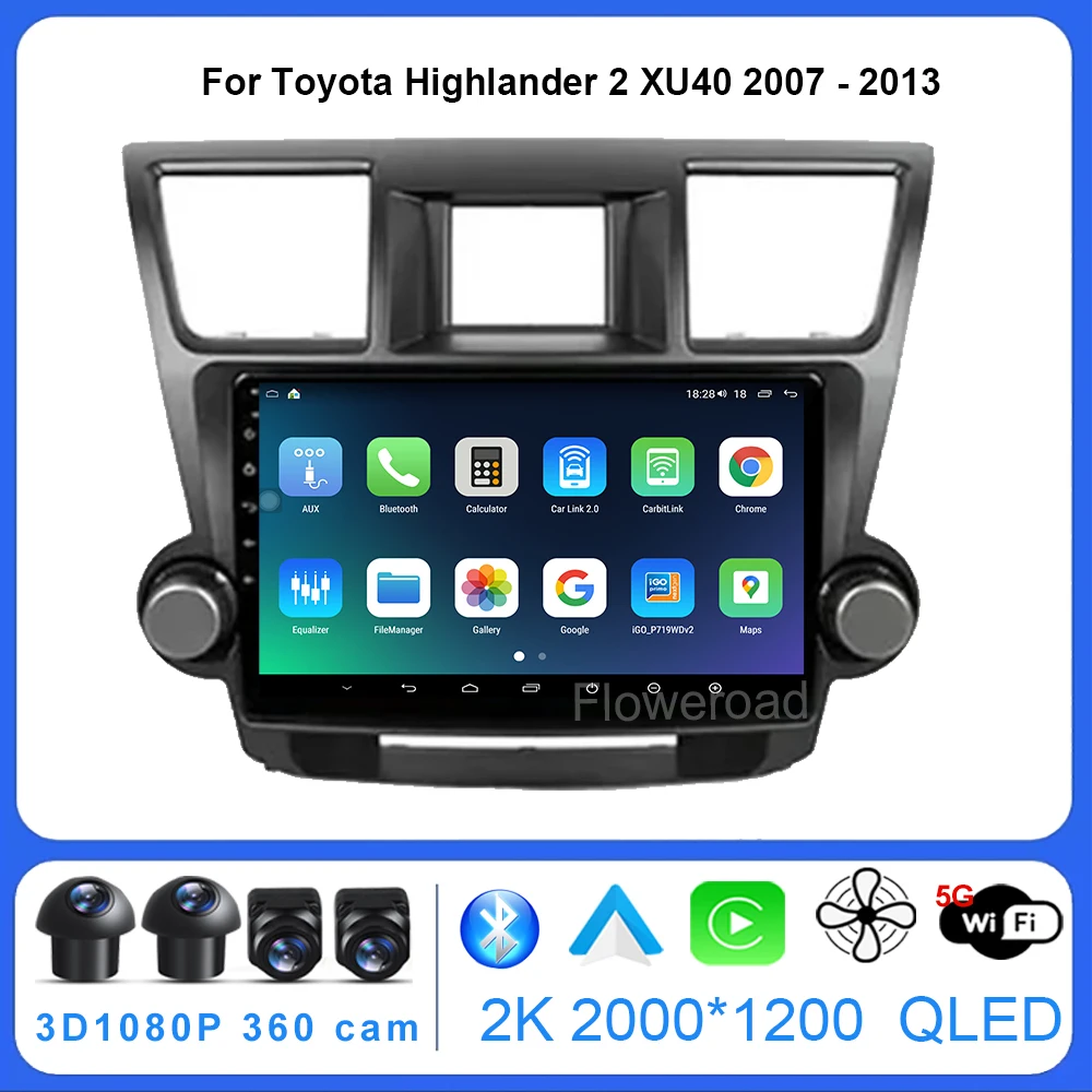 

Android 13 FYT7862 для Toyota Highlander XU40 2007-2013, автомобильное радио, мультимедийный плеер для Carplay, видеоплеер, навигация, стерео 5GWiFi BT5.0