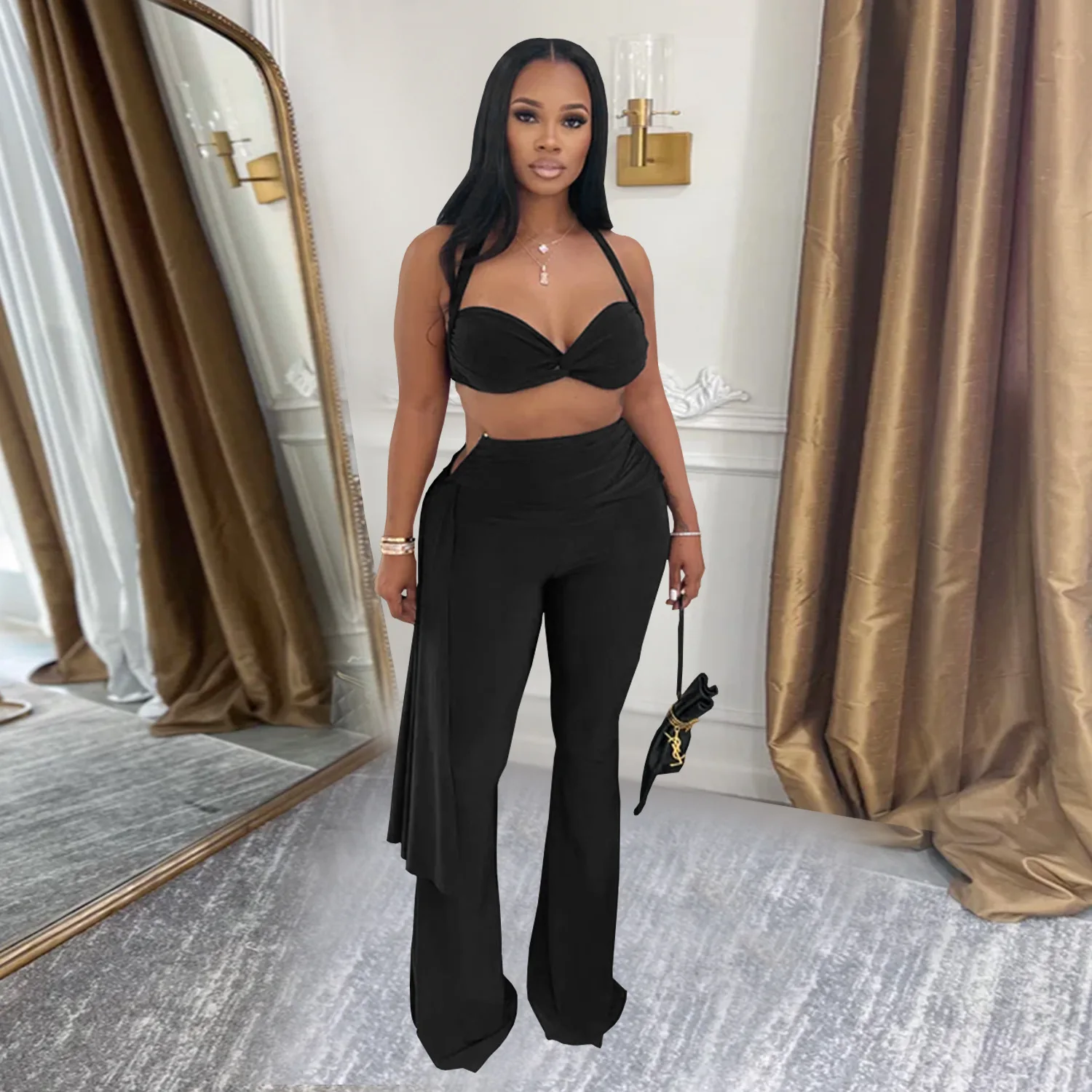 Women Fashion Solid 2 Piece Set Twist Lace Up Halter Backless Bra Tops + Metal Ring Ribbon Ruched Flare Pants Sexy Club Suits