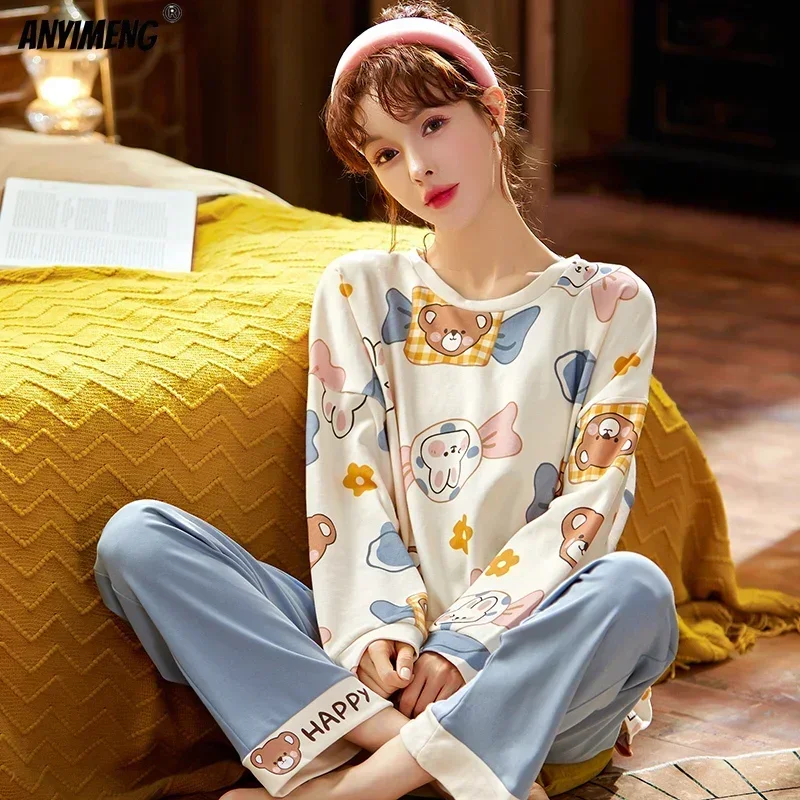 100% Cotton New Pajamas Autumn Winter Round Collar Kawaii Cartoon Pijamas Long Sleeves Sleepwear Fashion Loungewear Women