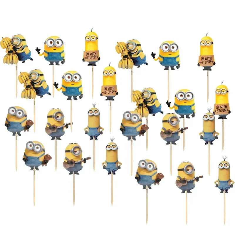 24PCS Minions Cake Topper Girl Boy Birthday Party Decoration Cake Decoration Card Topper Baby Shower Birthday Party Cupcake Flag