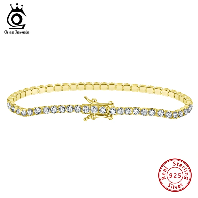 

ORSA JEWELS 925 Sterling Silver Tennis Bracelet 2MM Zirconia 14K Gold Plated Bangle Jewelry Gift Men Women Hand Chain SB61-14K