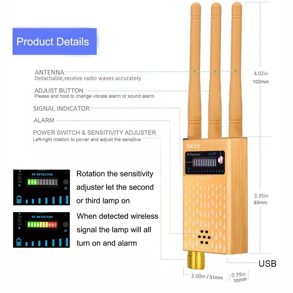 Detector de señal RF de tres antenas, inalámbrico, GSM Audio Bug Detect GPS Lens Finder 2/3G 4G Mobile Phone Camera Scanner 1MHz-8000MHz