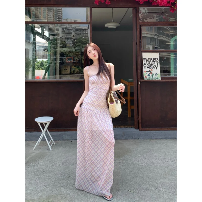 French-Style Gentle Pink Plaid Tulle Slip Dress With A Cinched Waist And Large Hem, Elegant Long Seaside Vacation Vibe