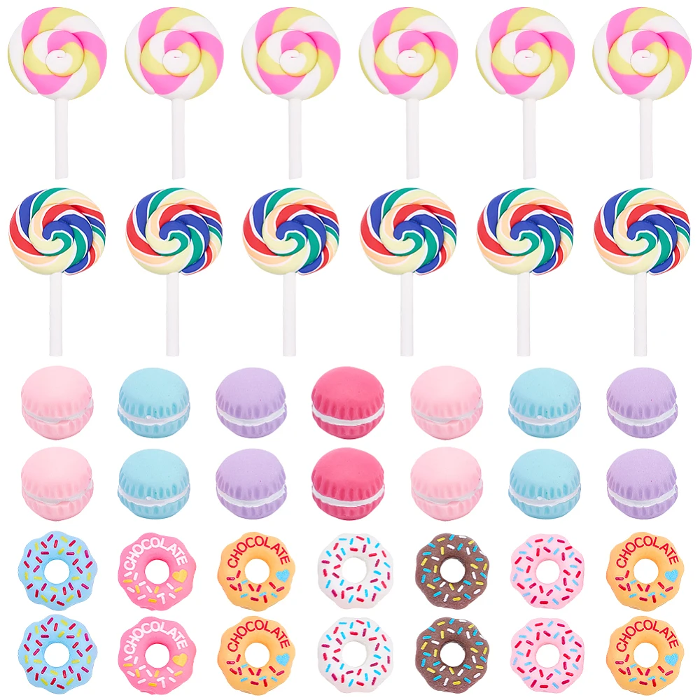 60Pcs Mini Donut Resin Charms Lollipop Cabochon Plastic Flatback Food Dessert Cabochons Resin Embellishments for Scrapbooking