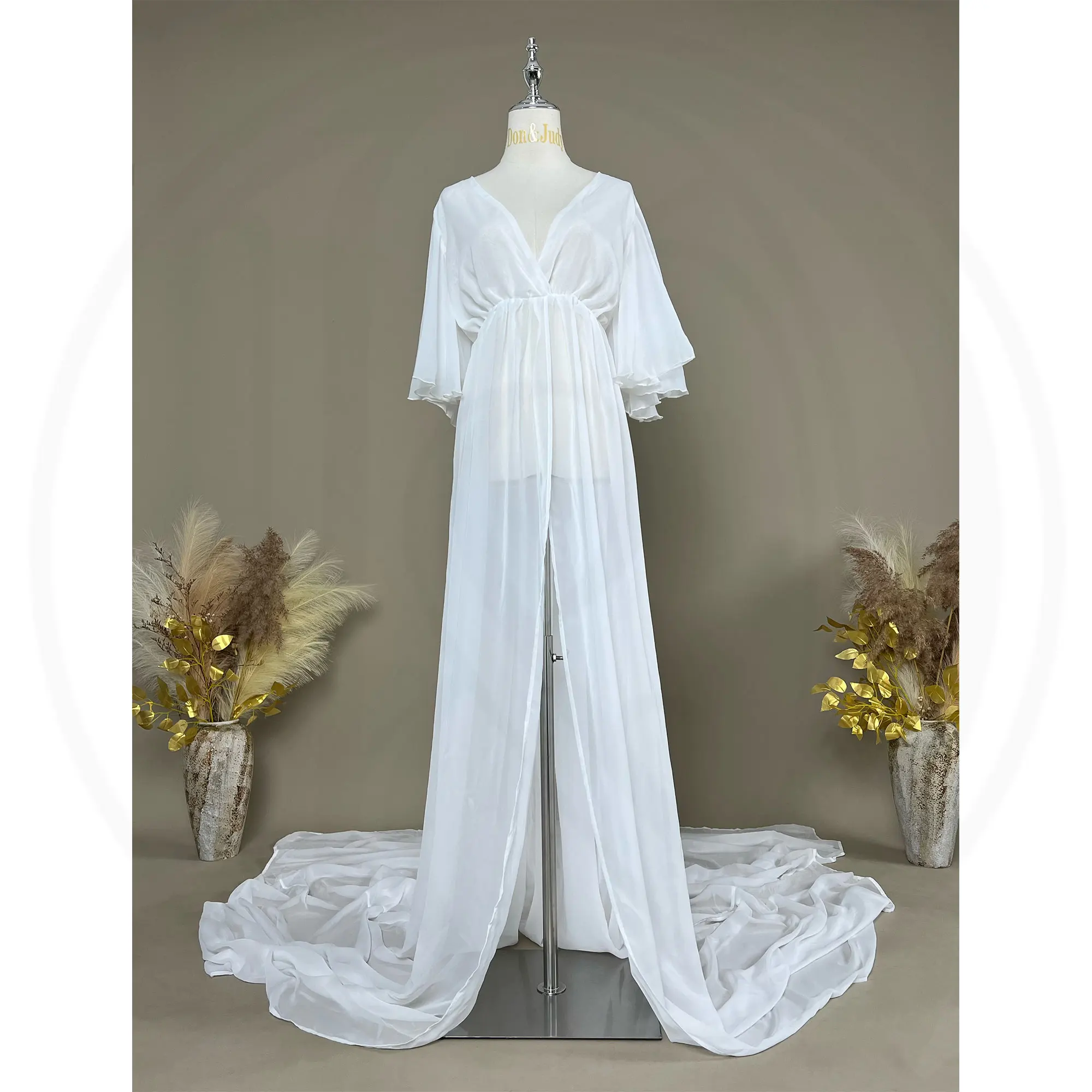 Pregnancy Clothes Dresses White Chiffon V-neck Sexy Front Slit Long Train Dress Women Maternity For Photo Shoot Wedding Party