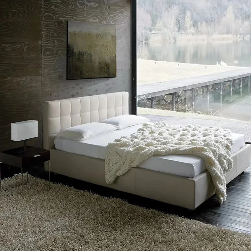 

French cream white bed bedroom master bedroom wedding bed nordic cotton and linen bread cubes small checkered bed