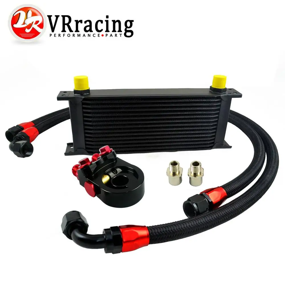 VR - Universal 15 ROWS OIL COOLER ENGINE KIT +AN10 oil Sandwich Plate Adapte with Thermostat +2PCS NYLON BRAIDED HOSE LINE BLACK