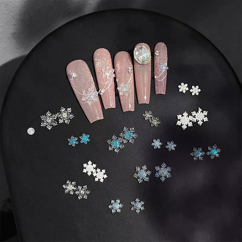 50pcs Christmas Sparkling White Transparent Snowflake Nail Charms Accessories Glitter Resin Snow Nail Decoration For Manicure