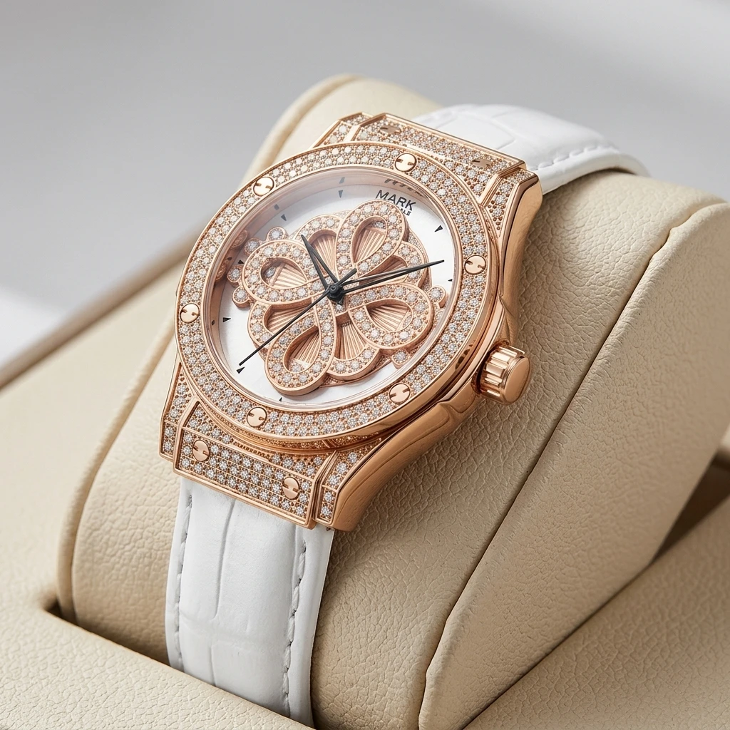 Women Round Quartz Wristwatch Mark Fairwhale 3D Clover Crystal Dial Diamond Encrusted Case Leather Band Ladies Watch