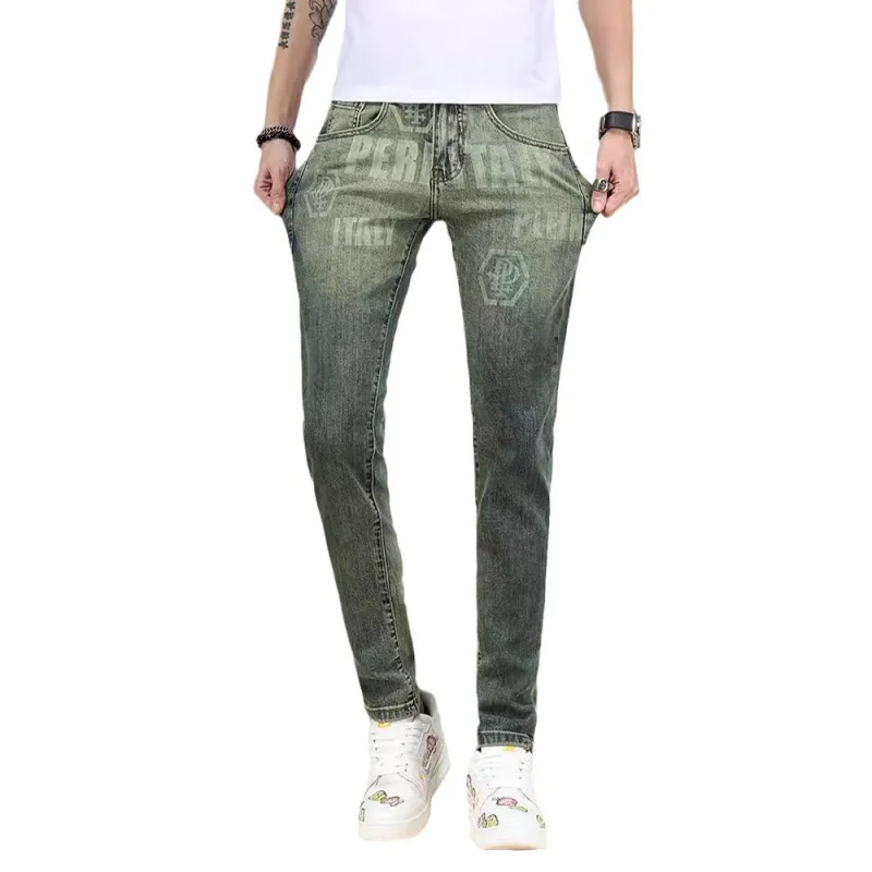 Lente En Zomer Nieuwe Retro Bedrukte Jeans Heren Slim Fit Skinny Stretch High-End Betaalbare Luxe Denim Casual Broek