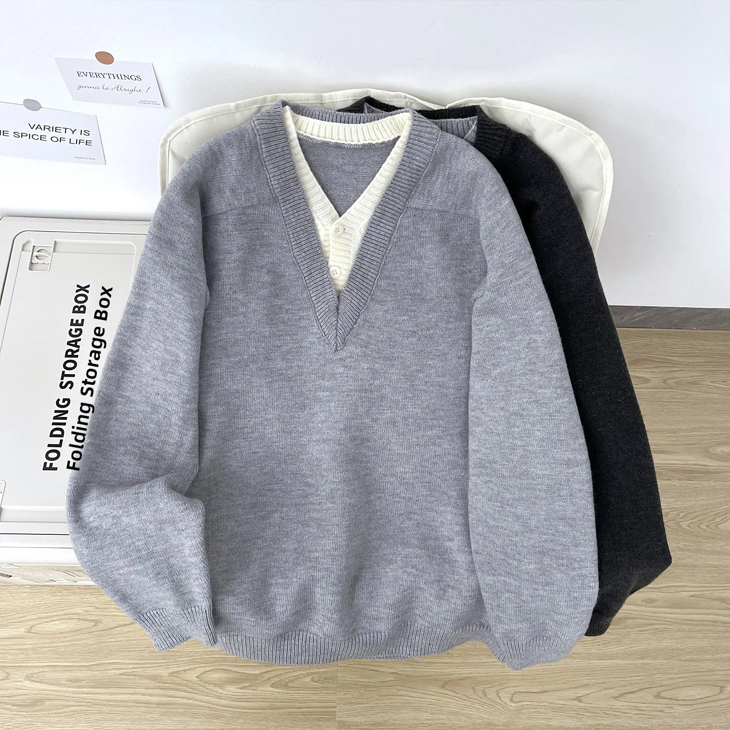 

Вязаный свитер с V-образным вырезом на пуговицах, свободный крой, длинный рукав, теплый, повседневный, весенний, молодежный, для активного образа жизни