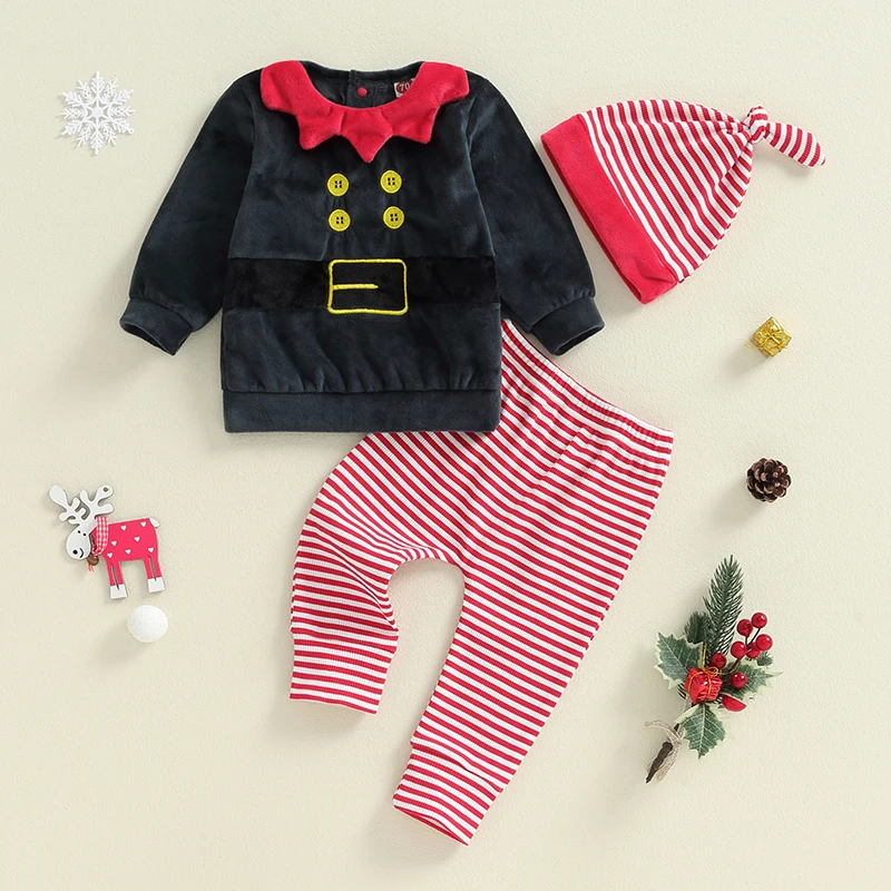 

VISgogo Baby Boy Christmas Outfit Long Sleeve Contrast Color Sweatshirt with Striped Pants and Hat Infant Xmas Winter Outfit