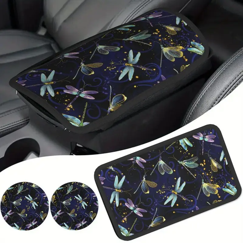 3pcs Blue Dragonfly Golden Purple Swirls Armrest Cup Holder Set Car Interior Additions And Decorations for Men And Women