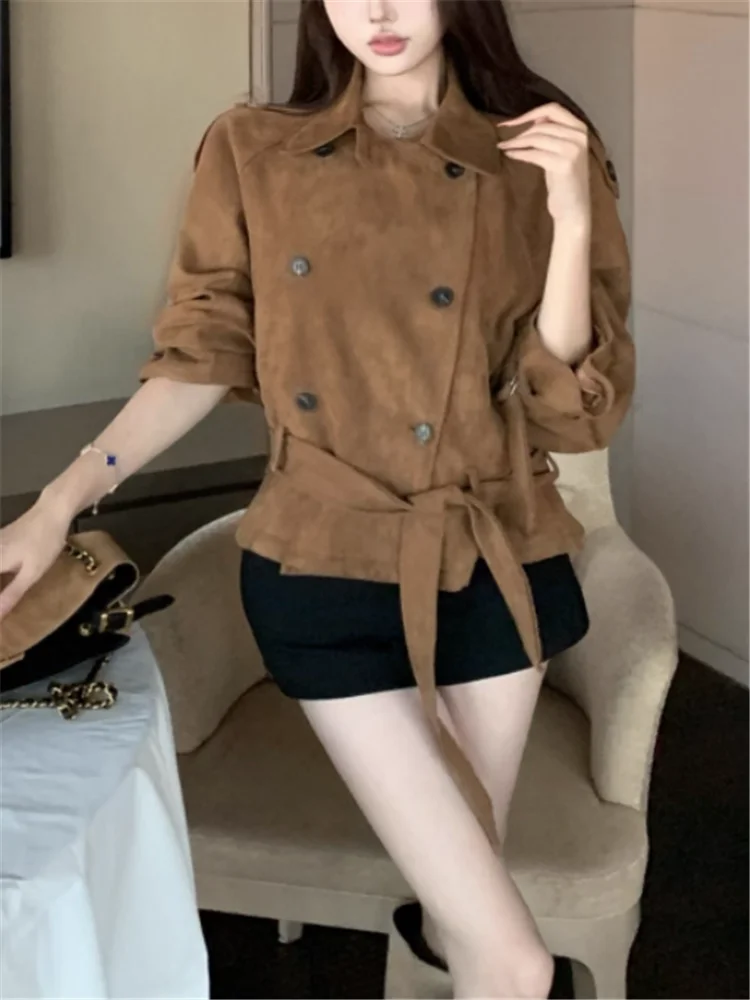 

Двубортная замшевая куртка цвета хаки в американском стиле ретро, женская осенне-зимняя винтажная шикарная короткая куртка с поясом, верхняя одежда с длинными рукавами, топ