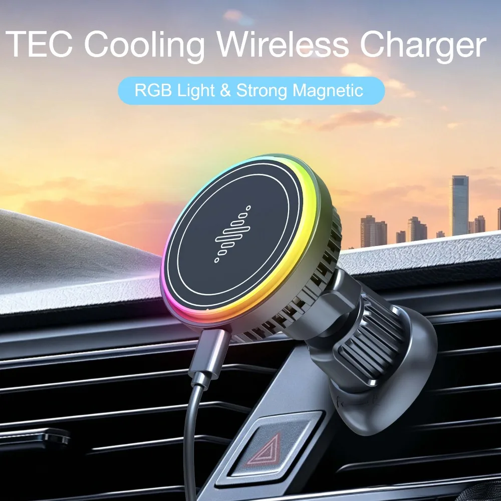 TEC冷却25W車載マグネット式ワイヤレス充電器 RGBライト付き iPhone 17/16/15/14/13/12対応 エアコン吹き出し口用 急速充電
