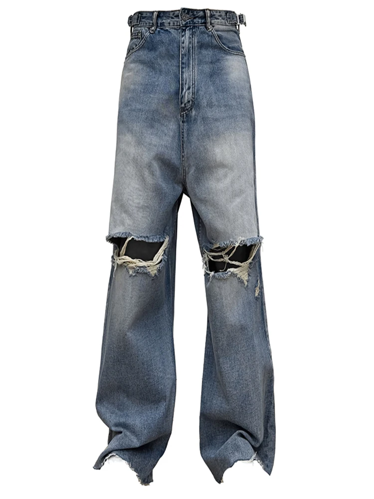 

High Street Hip Hop Wash Ripped Vintage Silhouette loose-legged Tattered Made Old Whisker Jeans