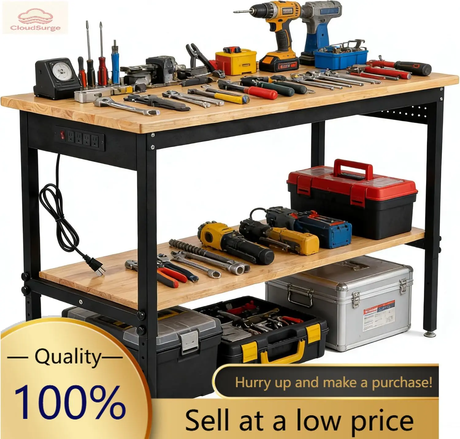 

Регулируемый верстак 48/60/70 дюймов с розеткой, сверхпрочный, грузоподъемность 2500 фунтов, рабочий стол из твердой древесины для гаража, 6 уровней регулировки высоты