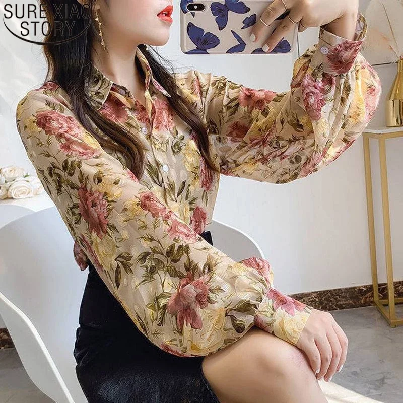 Flower Print Long Lantern Sleeve Casual Chiffon Shirts 2024 Summer Women Clothes Vntage Button Loose Turn-down Collar Tops 21537