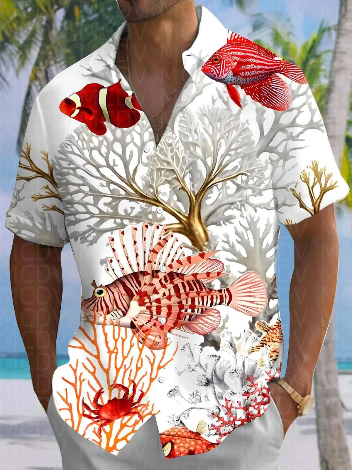Fish Pattern Men's Hawaiian Shirt Stretch Easy Care Camp Shirt Big Tall